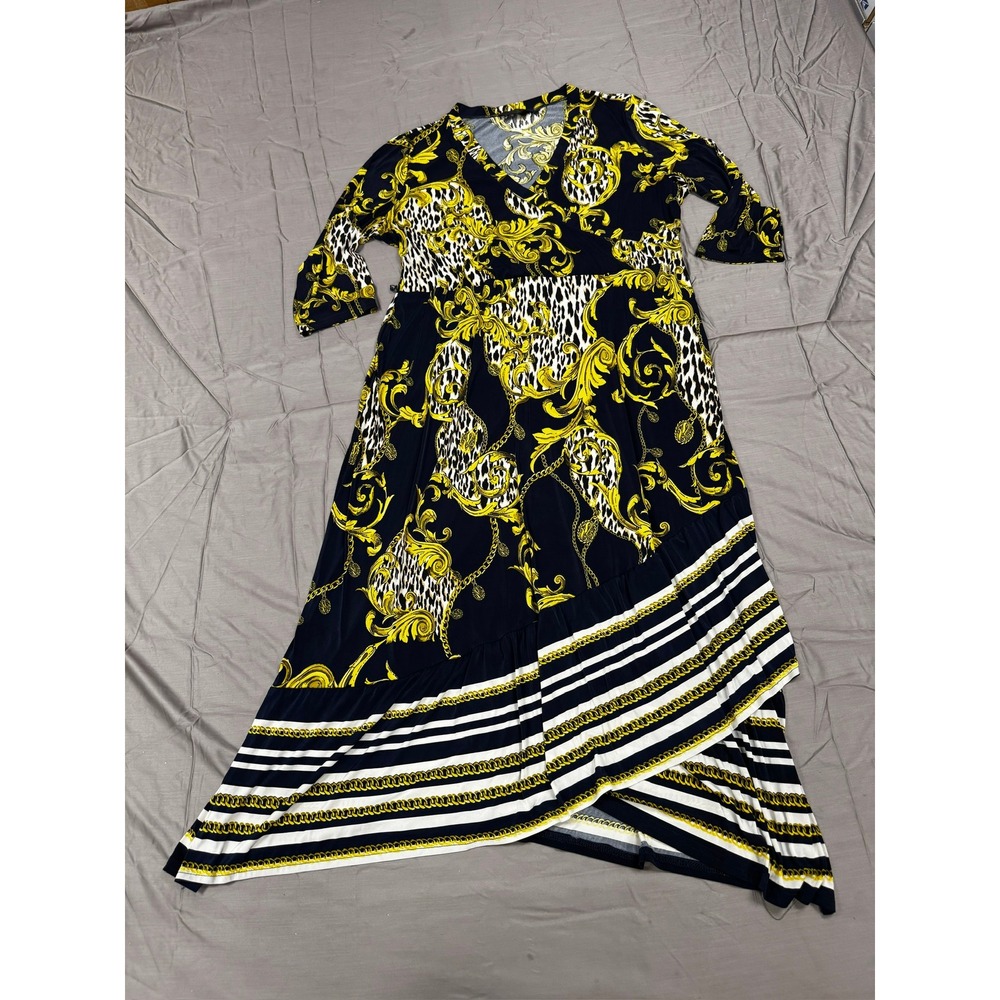 Mille Gabrielle Baroque Leopard Print Maxi Dress Navy Gold 2X Plus Wrap V-Neck